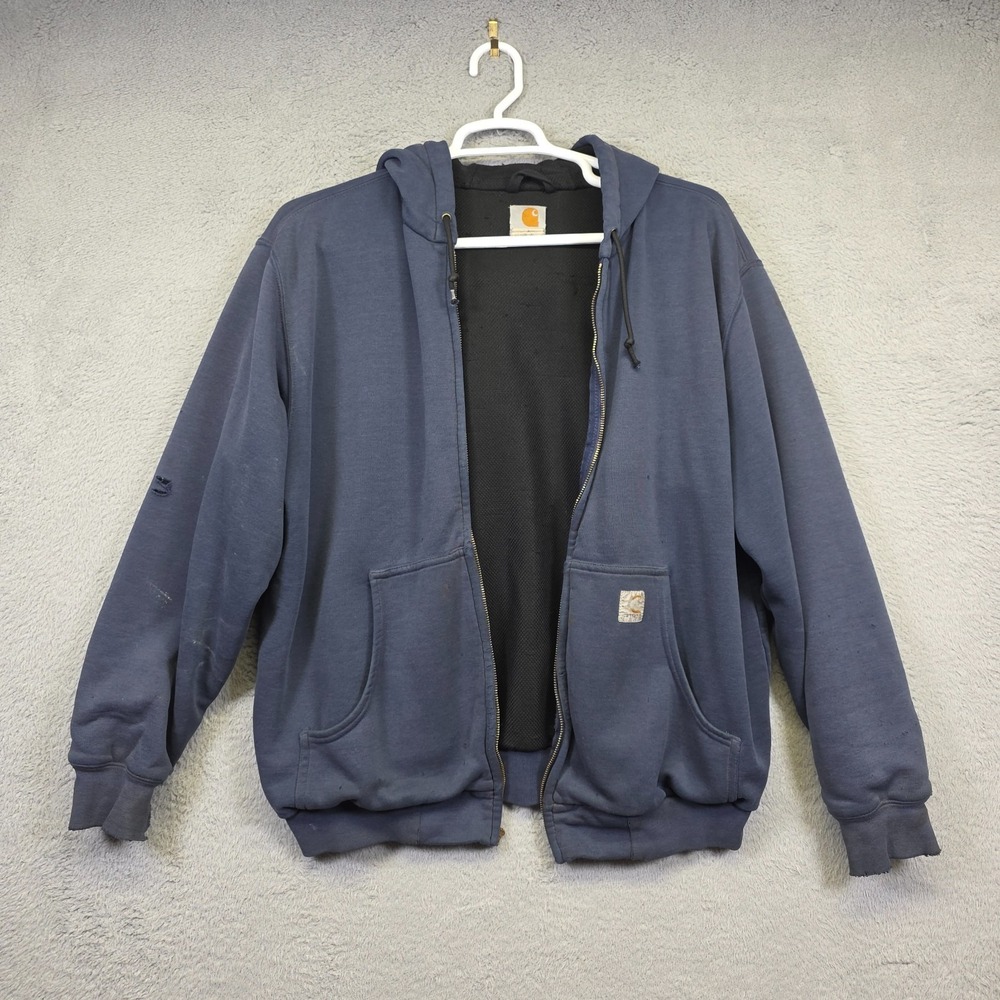 Carhartt Hoodie Mens L Blue Thermal Lined Thrashed Rugged Destroyed Grunge FLAWS